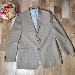 Tommy Hilfiger Men's Beige Tan Gray Plaid 100% Wool Suit EUC XL Tall
